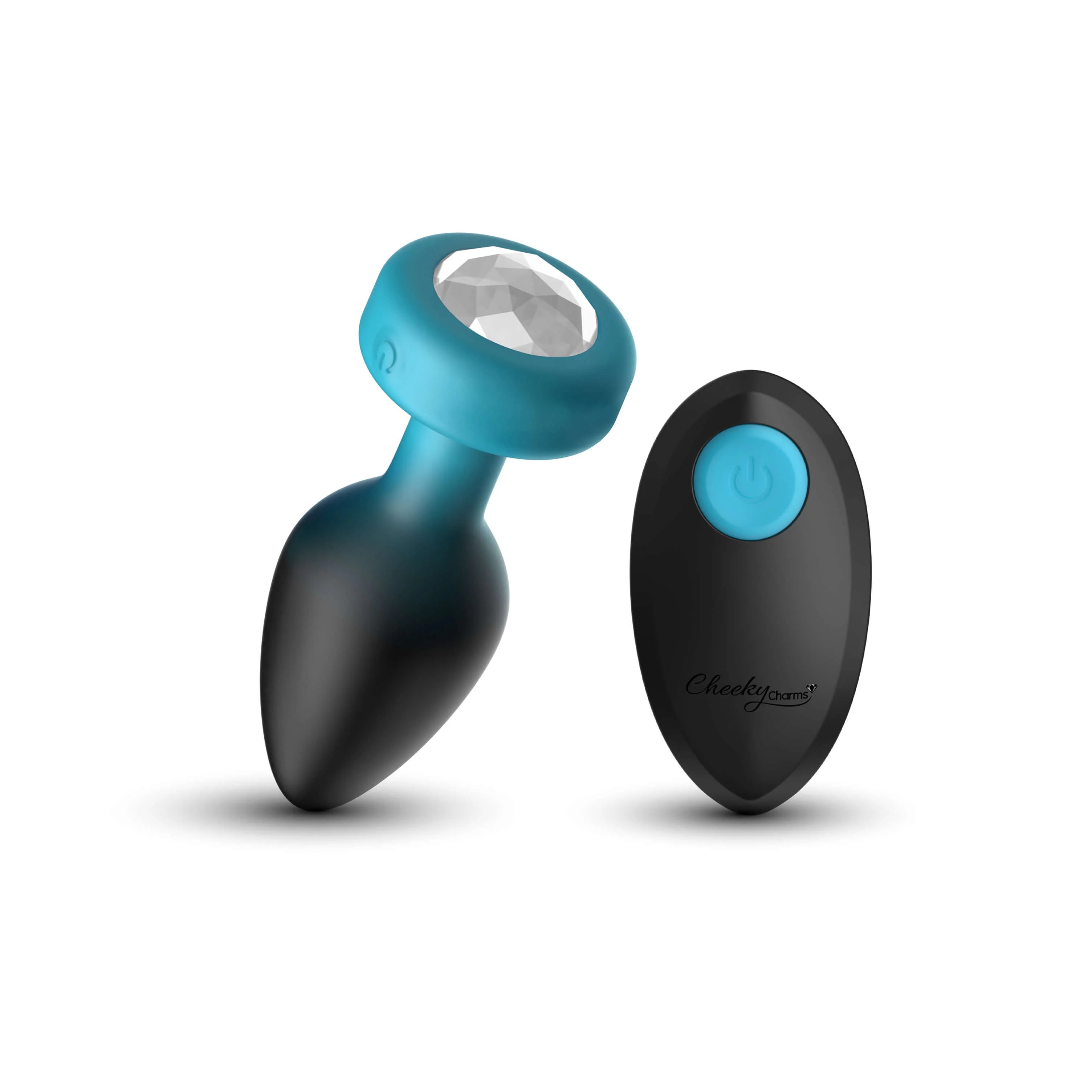TEAL Ombre - MEDIUM Cheeky Charms Eluxe Vibrating  Plug With Remote - Clear Gem