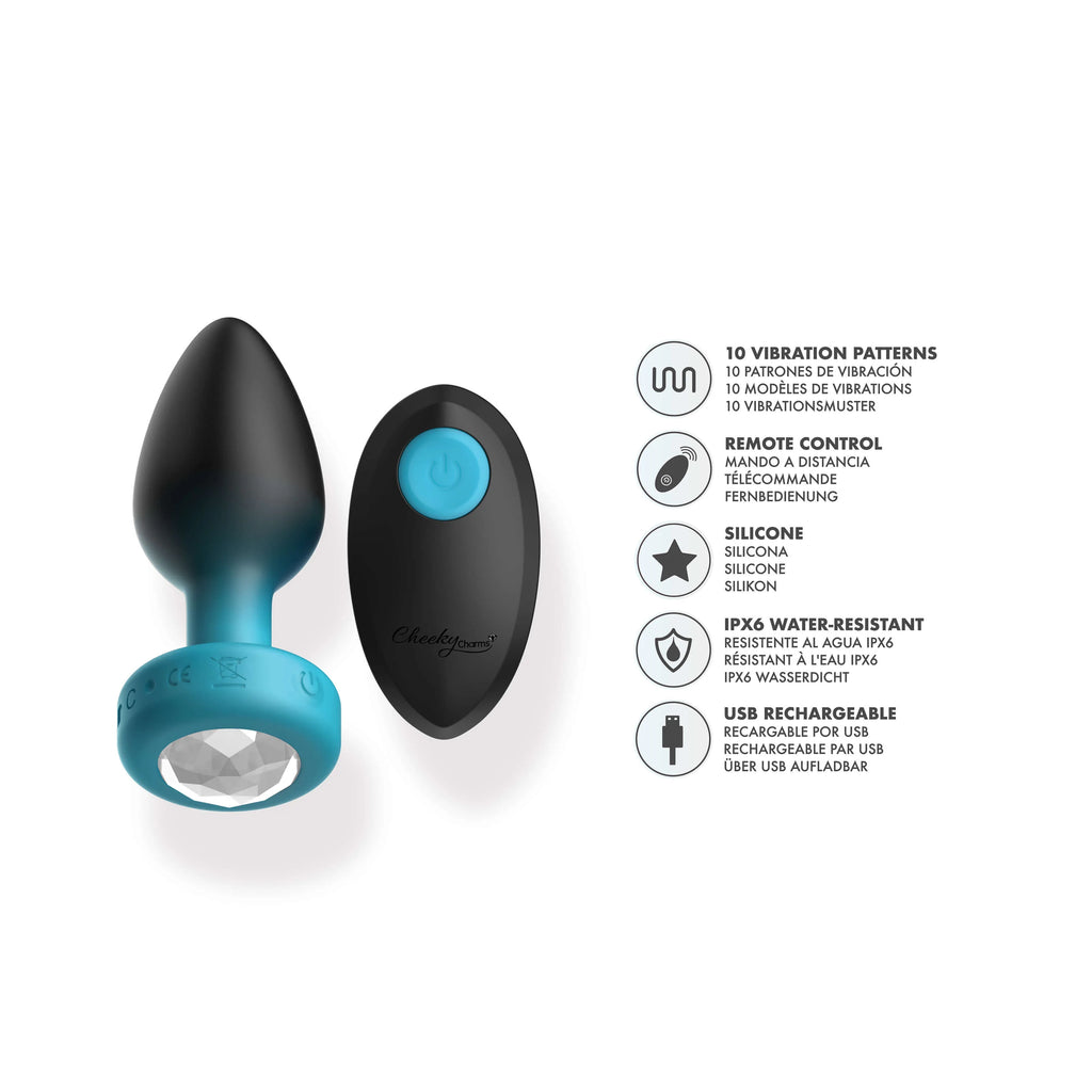 TEAL Ombre - MEDIUM Cheeky Charms Eluxe Vibrating  Plug With Remote - Clear Gem