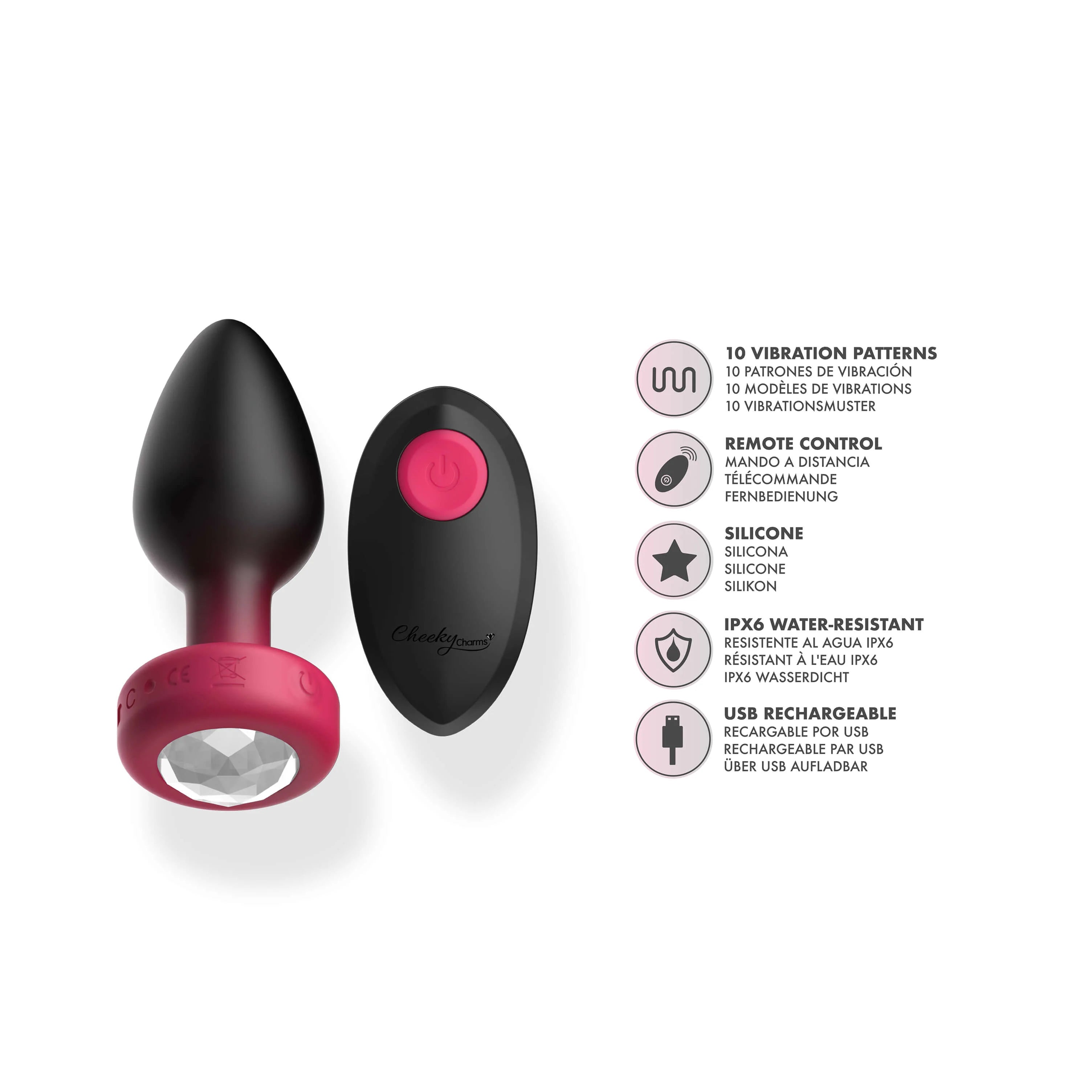 RUBY Ombre - MEDIUM Cheeky Charms Eluxe Vibrating  Plug With Remote - Clear Gem