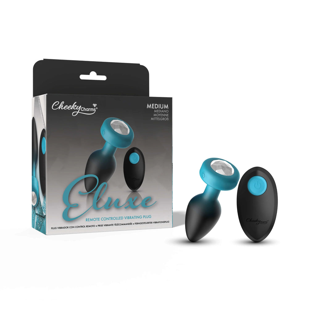 TEAL Ombre - MEDIUM Cheeky Charms Eluxe Vibrating  Plug With Remote - Clear Gem
