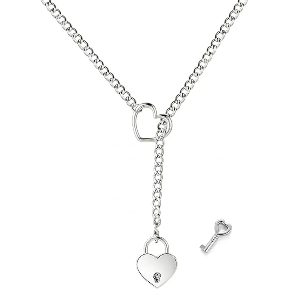 HEART & LOCK-O-RING SLIP CHAIN - Silver
