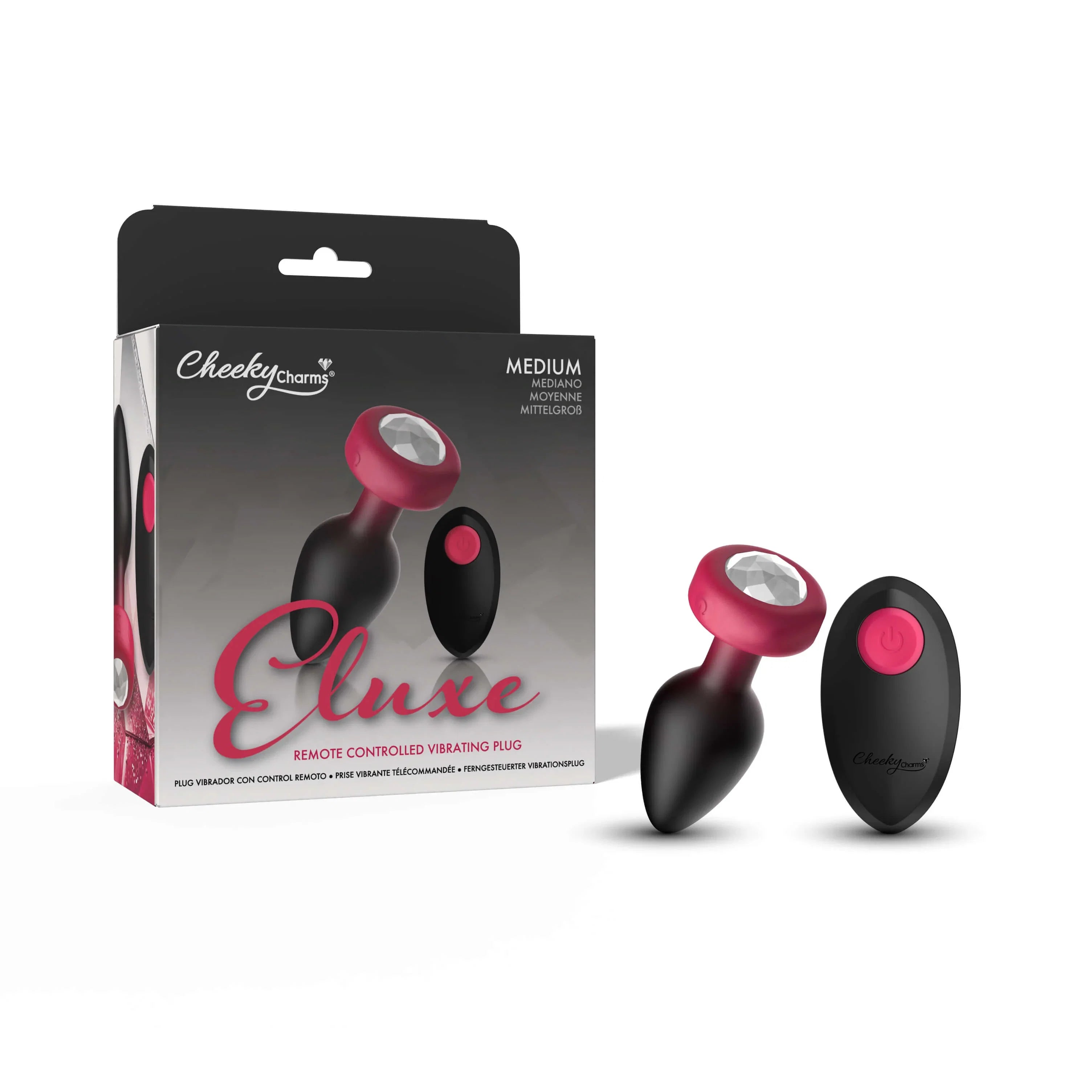RUBY Ombre - MEDIUM Cheeky Charms Eluxe Vibrating  Plug With Remote - Clear Gem
