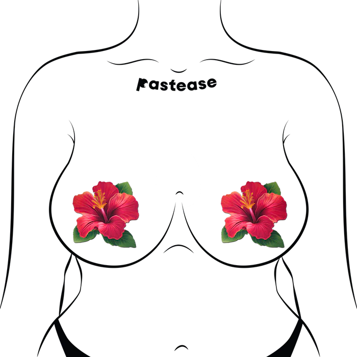 Tropical Vibrant Red Hawaiian Hibiscus Botanical Flower Breast Pasties
