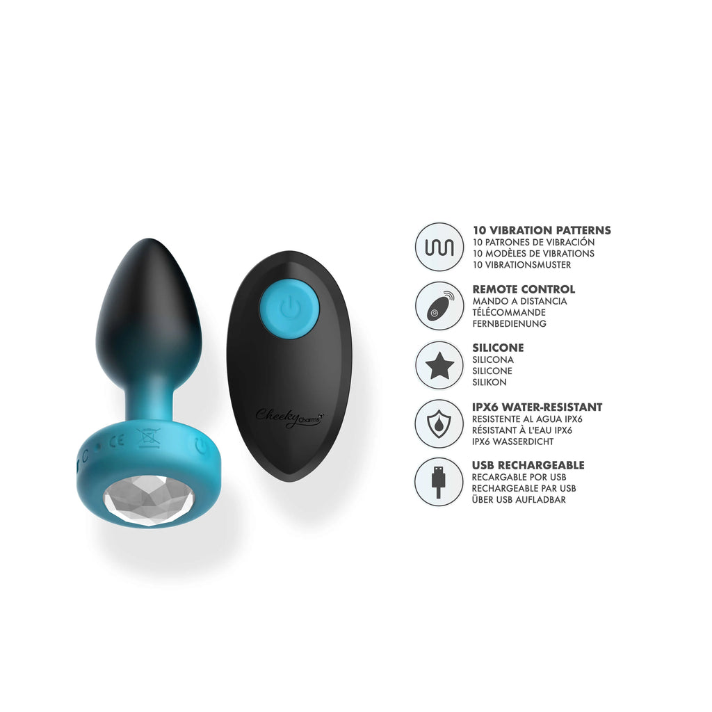 TEAL Ombre - SMALL Cheeky Charms Eluxe Vibrating  Plug With Remote - Clear Gem