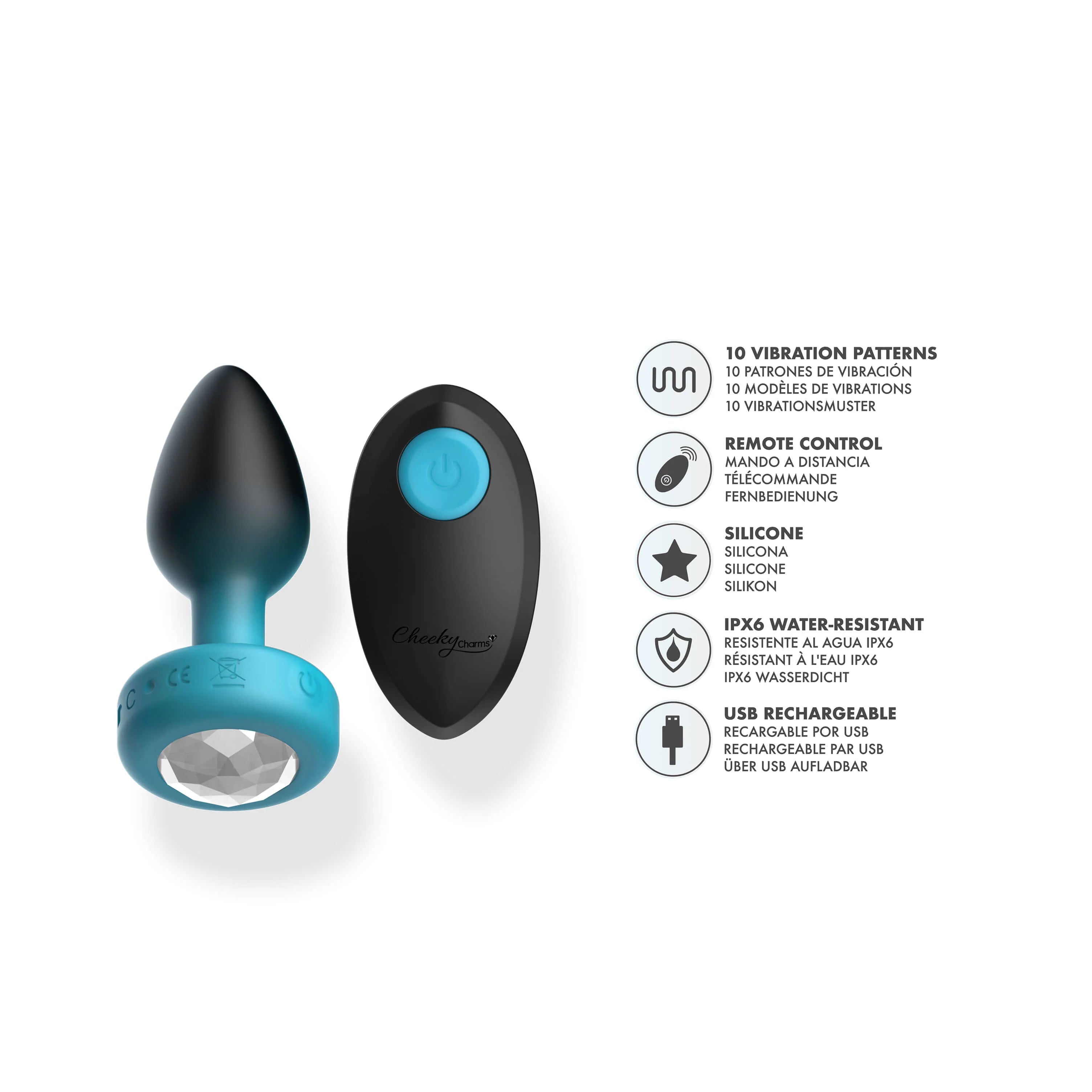 TEAL Ombre - SMALL Cheeky Charms Eluxe Vibrating  Plug With Remote - Clear Gem