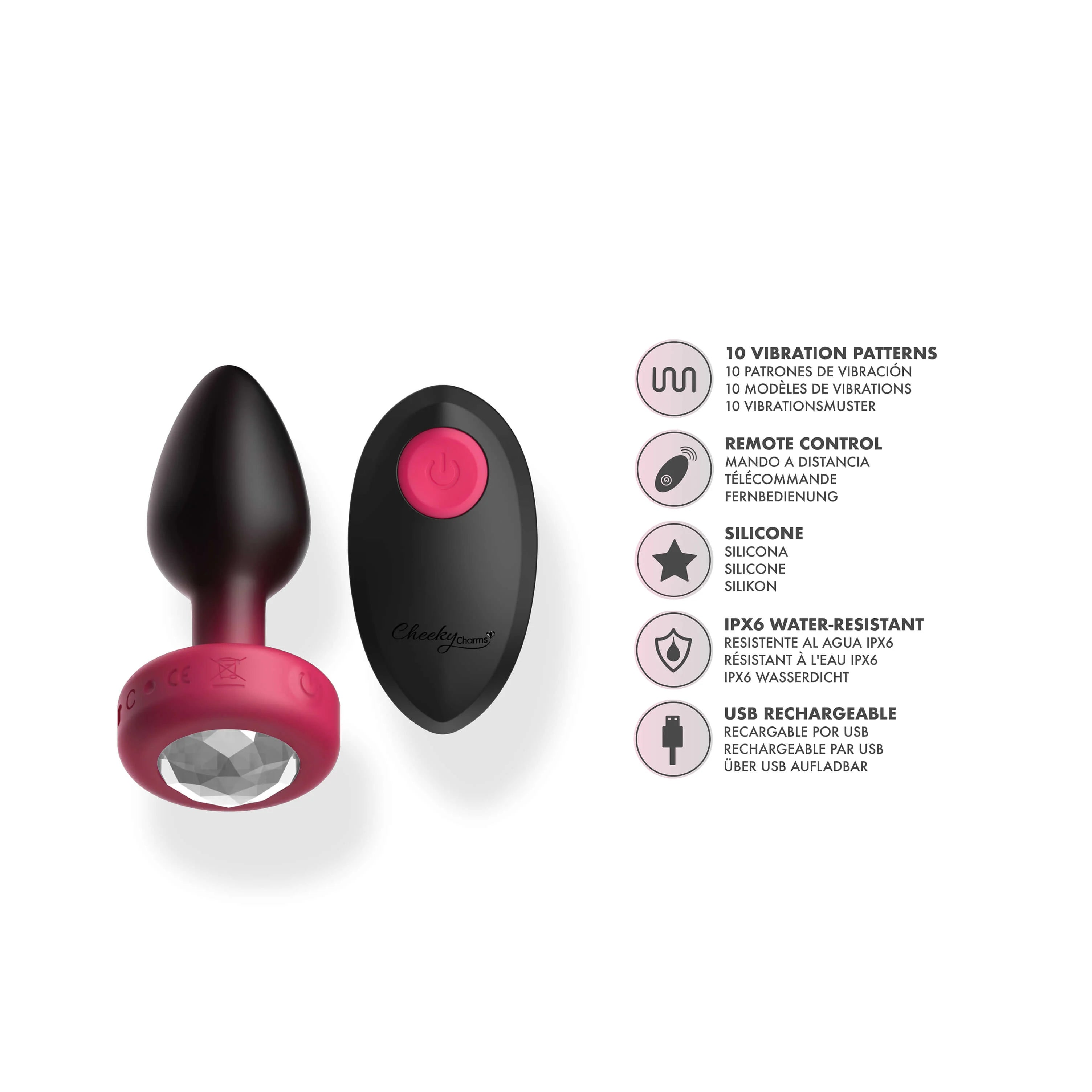 RUBY Ombre - SMALL Cheeky Charms Eluxe Vibrating  Plug With Remote - Clear Gem
